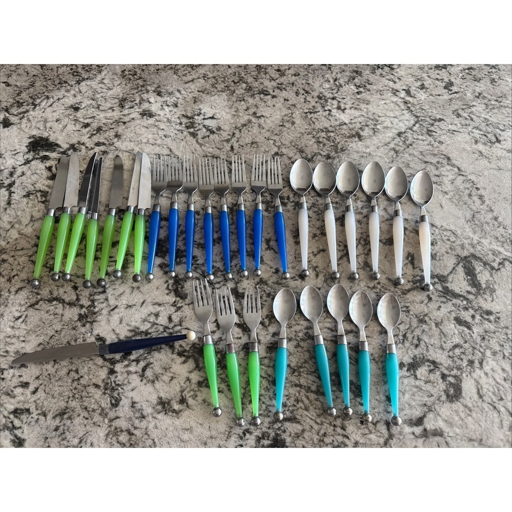 Random 30 Piece Set Colored Flatware Vintage